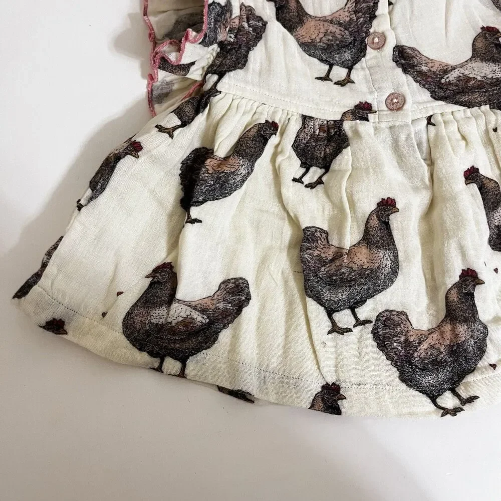 Pink Chicken Dress and Bloomers Set Chickens Print Gauze Girls Size 12-18 Months